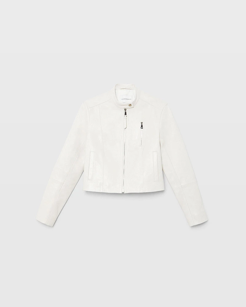 Band Collar Cropped Leather Jacket