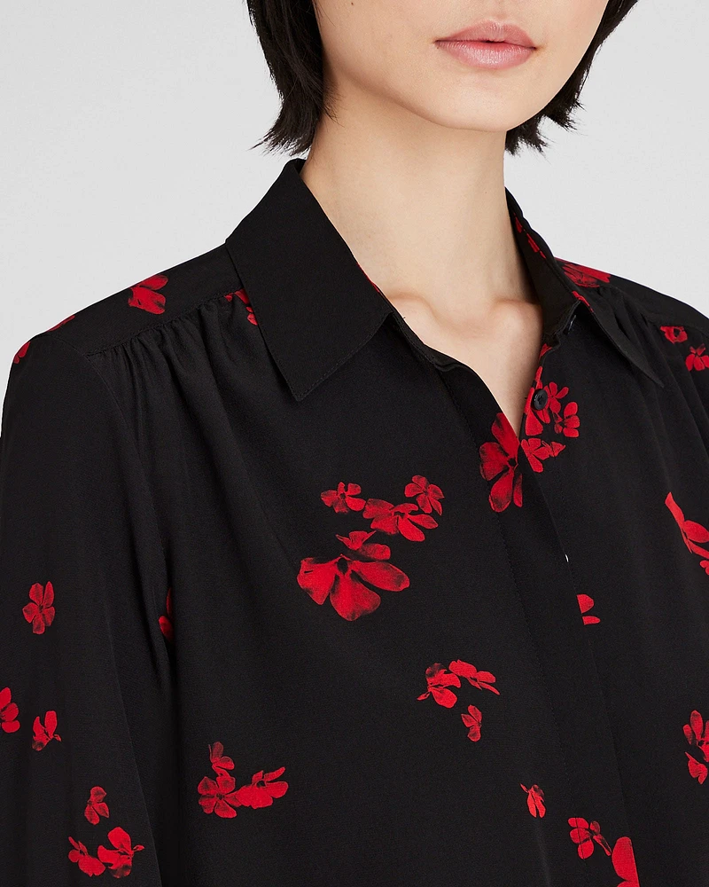 Printed Shirred Shoulder Silk Shirt