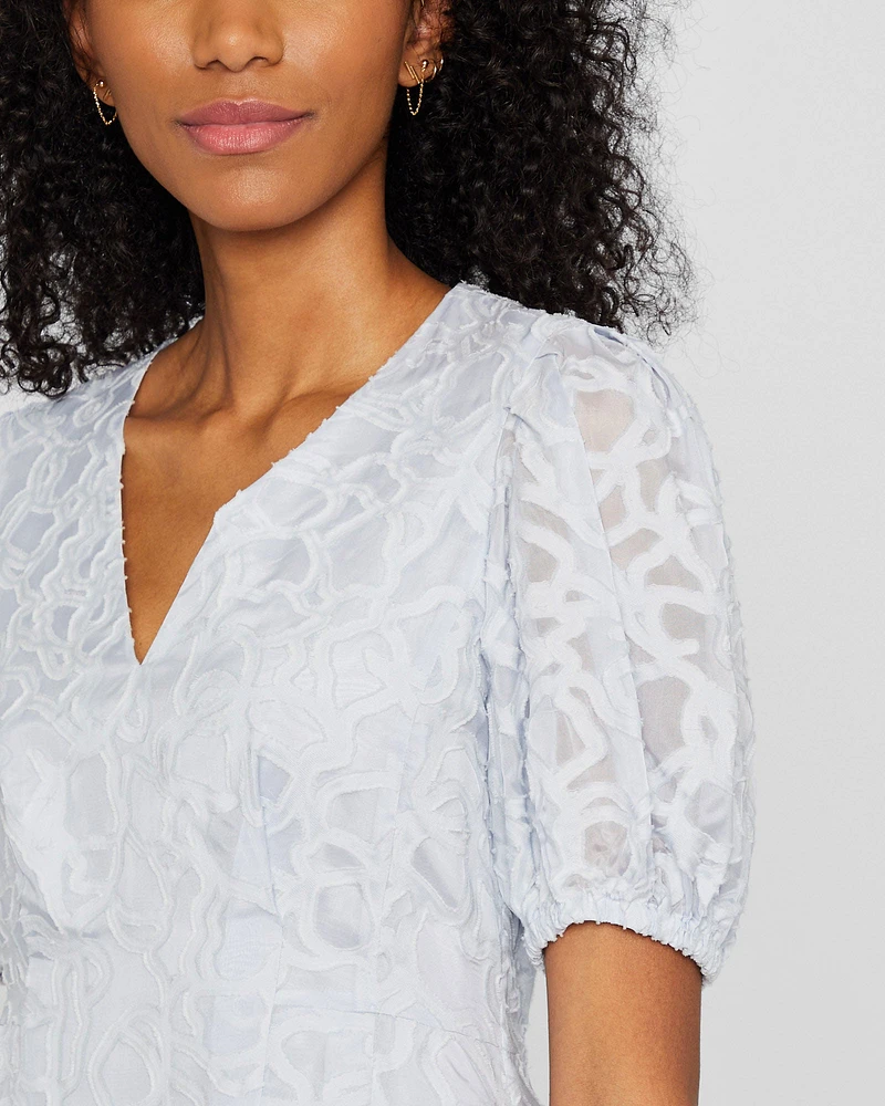 Textured Puff Sleeve V-Neck Dress
