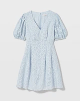 Textured Puff Sleeve V-Neck Dress