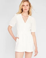 Belted Puff Sleeve Eyelet Romper