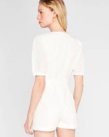 Belted Puff Sleeve Eyelet Romper