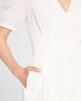Belted Puff Sleeve Eyelet Romper