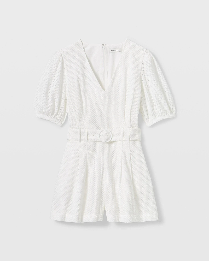 Belted Puff Sleeve Eyelet Romper