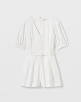 Belted Puff Sleeve Eyelet Romper