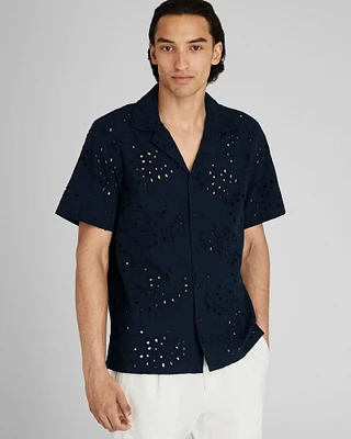 Short Sleeve Camp Collar Eyelet Shirt