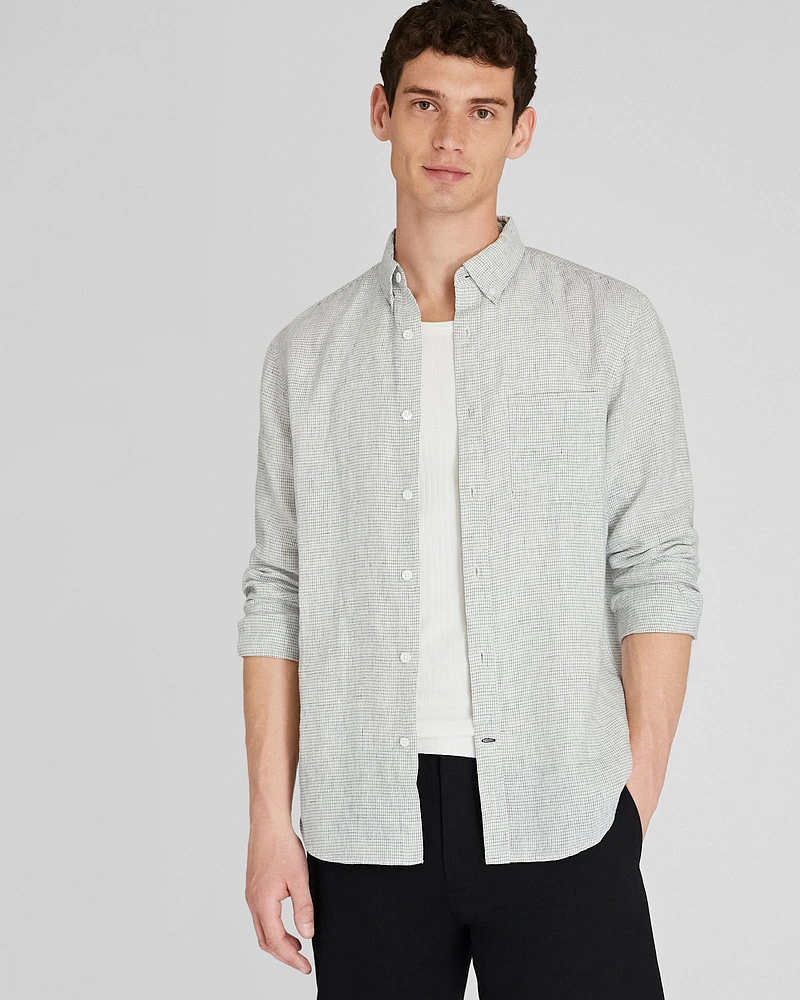 Long-Sleeve Grid Linen Shirt