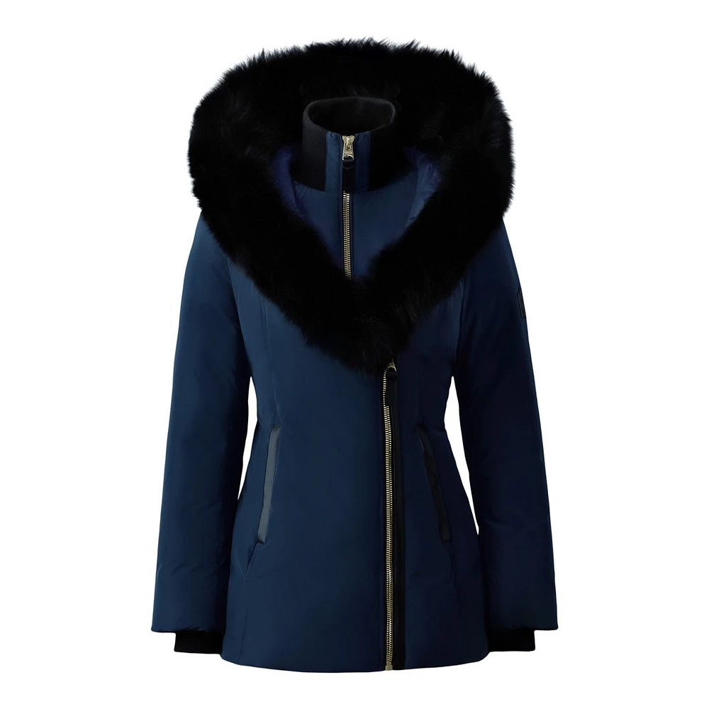 Mackage Adali-bx Down Coat With Blue Fox Fur Signature Collar Navy-gold, Size: