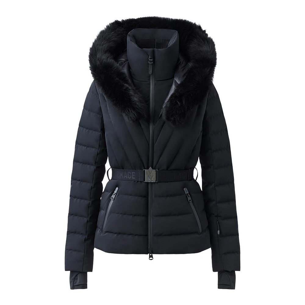 Mackage Elita-sh Belted Down Ski Jacket With Fur Trimmed Hood Black, Size: