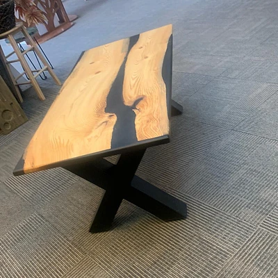 Fir Coffee Table with Black Epoxy Accents and Steel Legs
