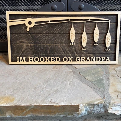 Hooked on Grandpa Family Name Sign