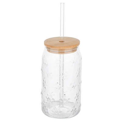 Verre texturé avec paille & couvercle - Fleurs