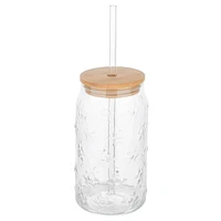 Verre texturé avec paille & couvercle - Fleurs
