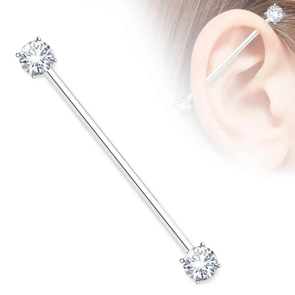 PREMIUM Claw-set Crystal Ends Industrial Barbell 14g