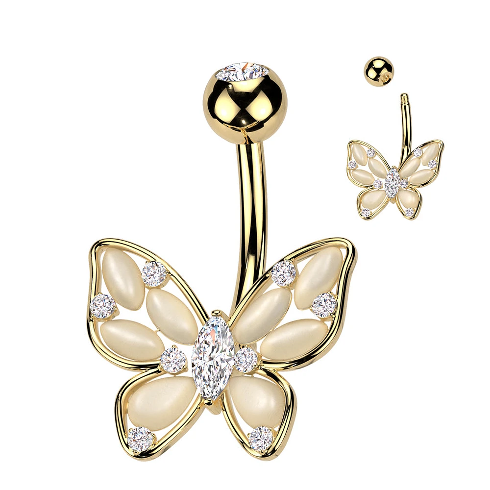 PREMIUM Pebbled Crystal Butterfly Navel Dangle 14g