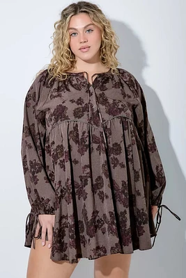 Printed Floral Mini Dress With Tie Sleeve Plus
