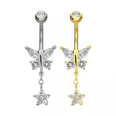 Butterfly With Flower Dangle Navel