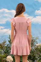 V Neck Short Sleeve Ruffle Detail Shirred Mini Dress Pink