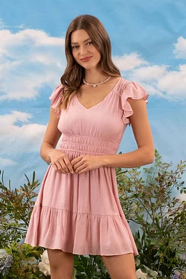 V Neck Short Sleeve Ruffle Detail Shirred Mini Dress Pink
