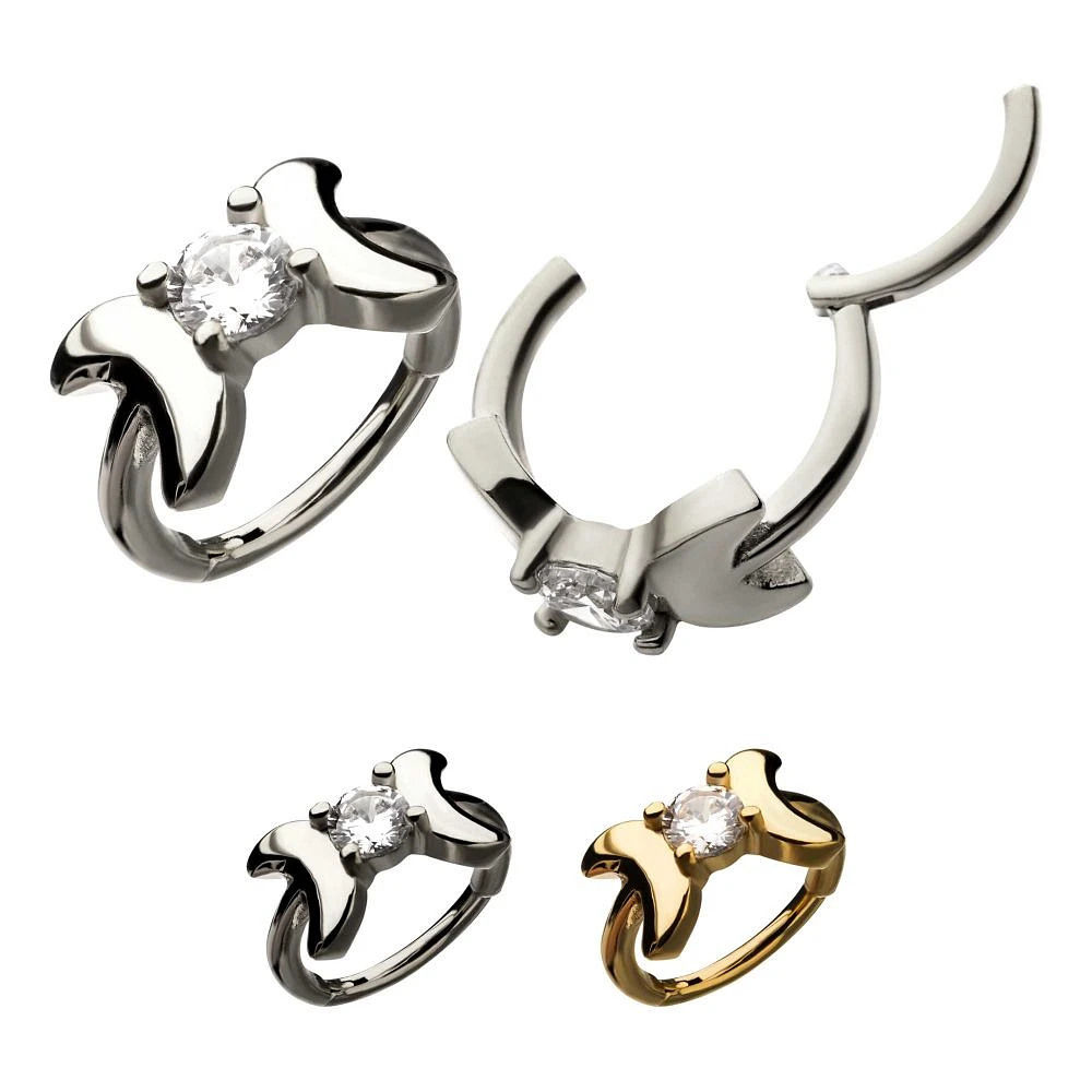 Double Crescent Moon And Prong Gem Hinged Hoop