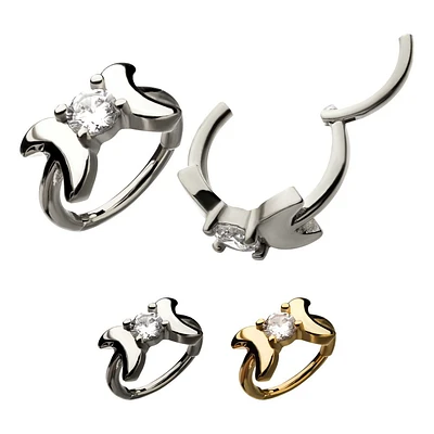 Double Crescent Moon And Prong Gem Hinged Hoop