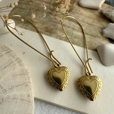 Elizabeth Vintage Heart Shaped Locket Drop Earrings in Raw Brass