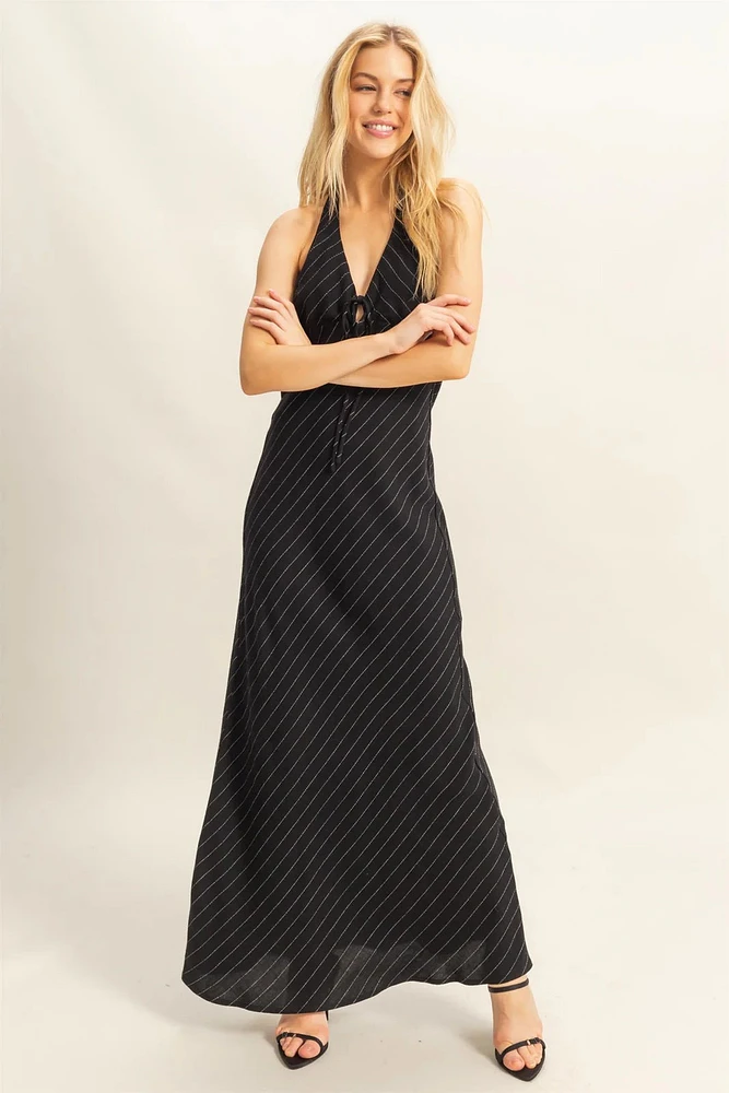 Striped Halter Neck Linen Maxi Dress