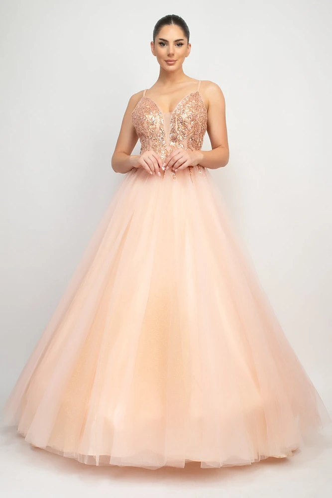Sequin Studded Tulle Balloon Maxi Dress