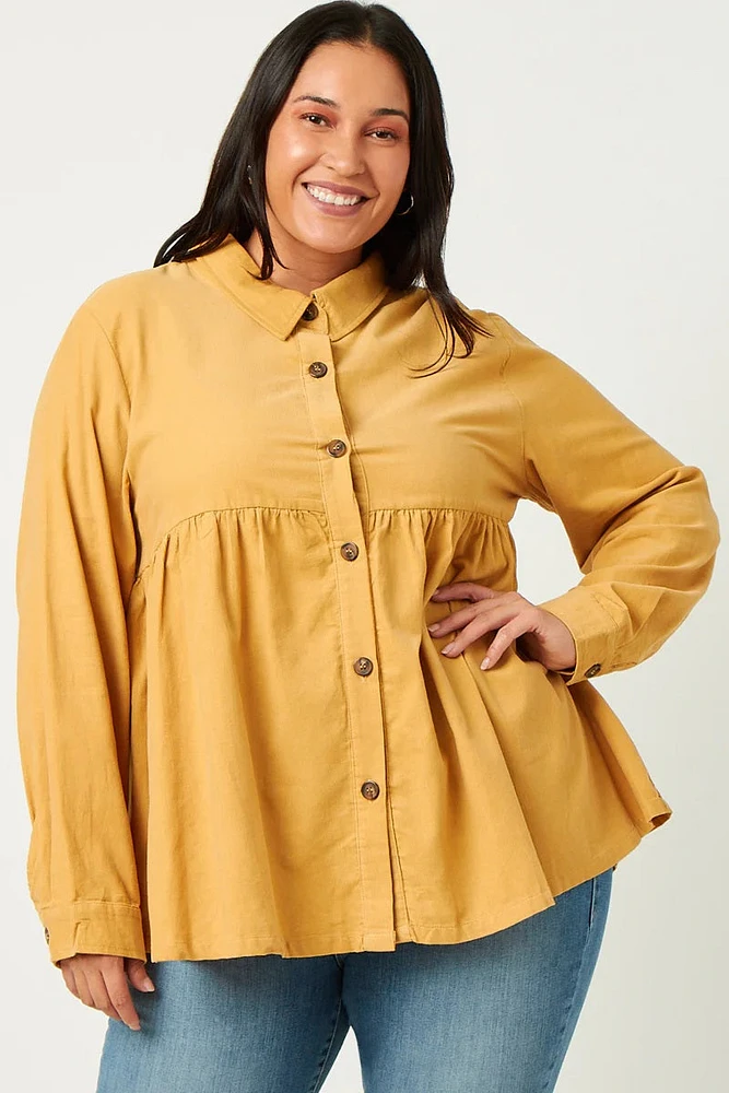 Plus Corduroy Collared Button Up Long Sleeve