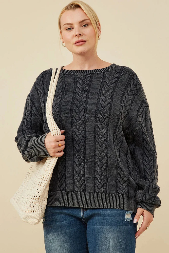 Cable Knit Washed Pullover Sweater Plus Size