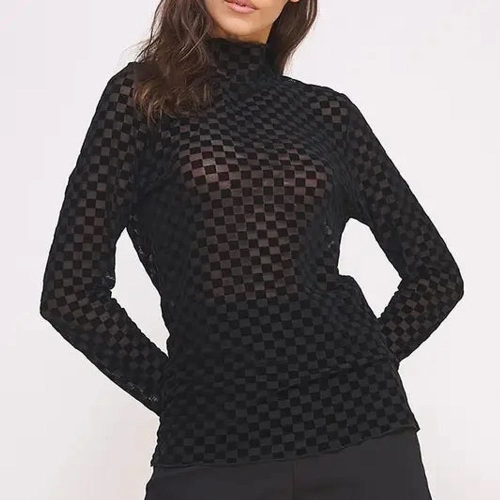 Long Sleeve Checkered Mesh Mock Neck Top