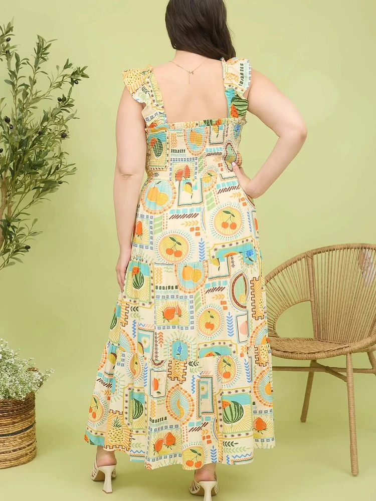 Plus Multi Color Fruit Print Smocked Midi Dress