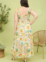 Plus Multi Color Fruit Print Smocked Midi Dress