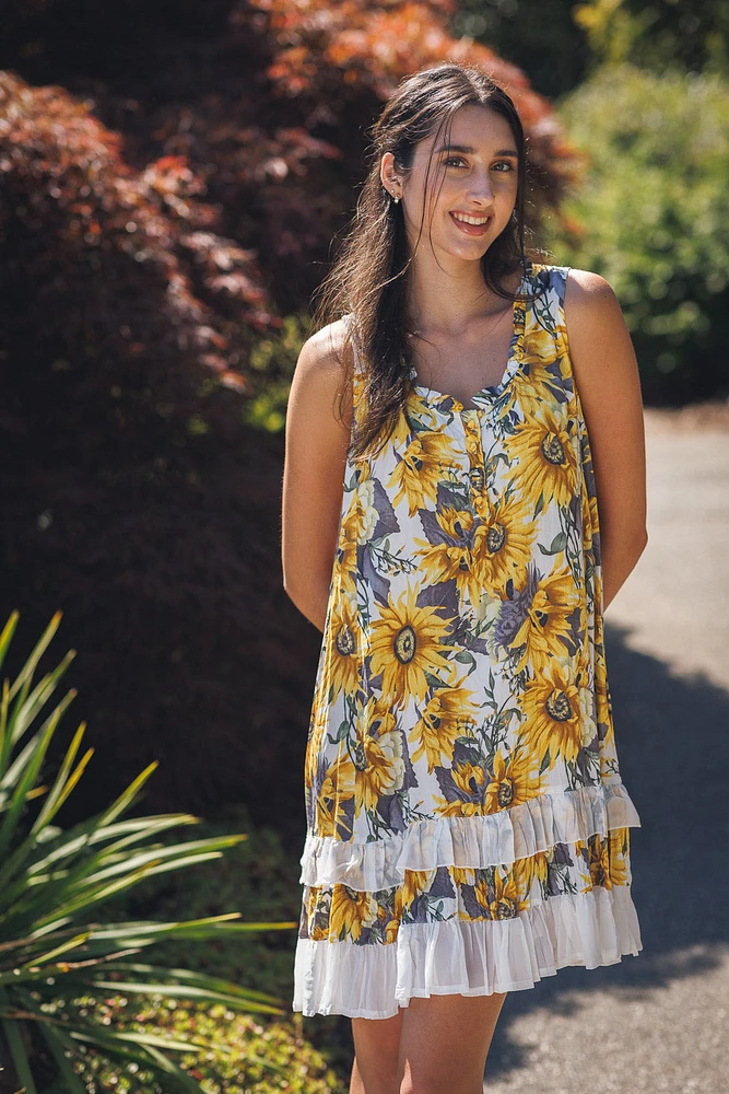Yellow Sunflower Crinkle Ruffle Hem Dress