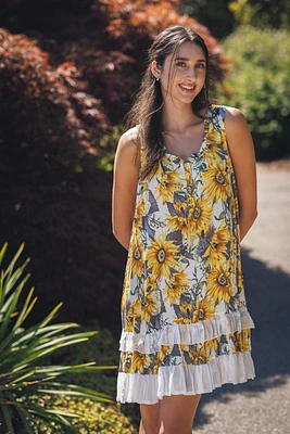 Yellow Sunflower Crinkle Ruffle Hem Dress