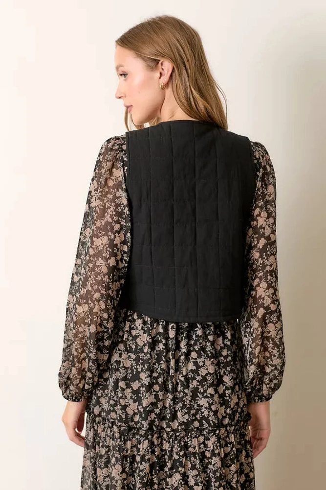 Printed Flower Checker Vest With Tie Detail