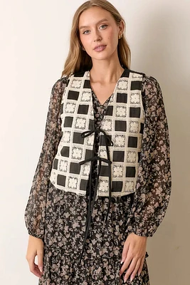 Printed Flower Checker Vest With Tie Plus