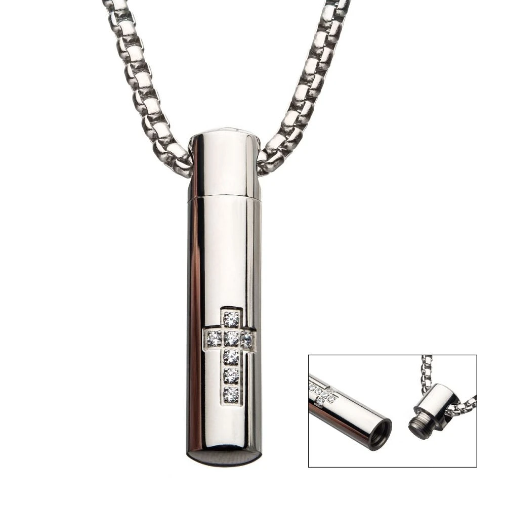 Stainless Steel Memorial Cross Pendant With Clear Cz & Steel Box Chain