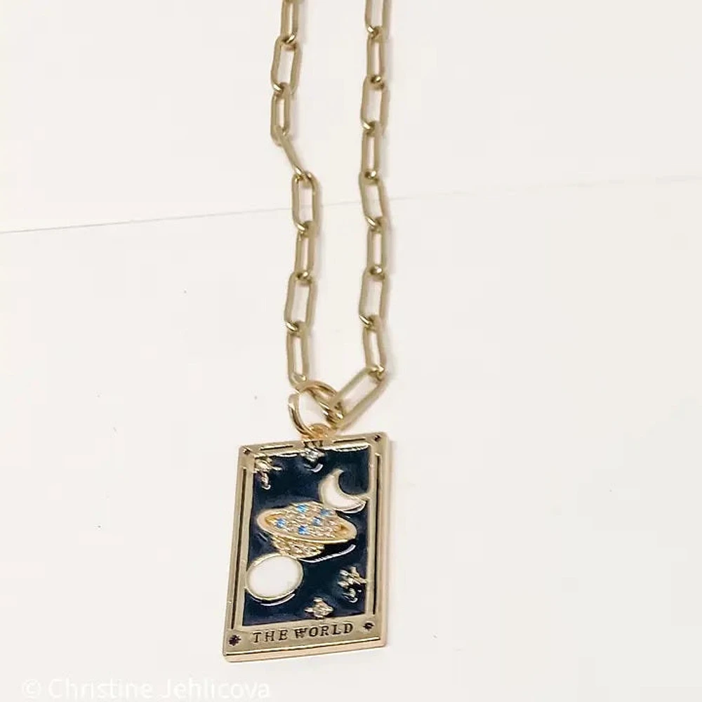 Tarot Card Necklace-The World- Steel Enamel Glass Paperclip