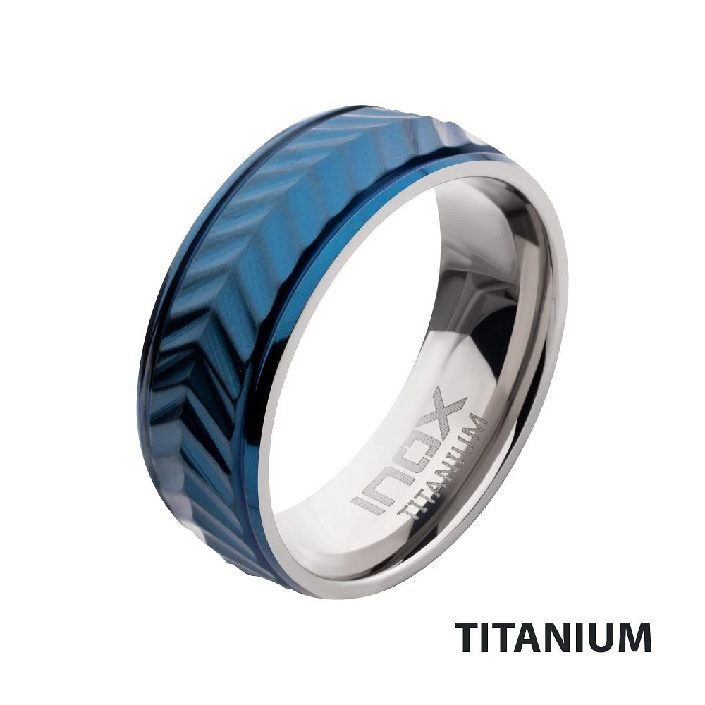 Blue IP Titanium Matte Finish Chevron Ring Size 12