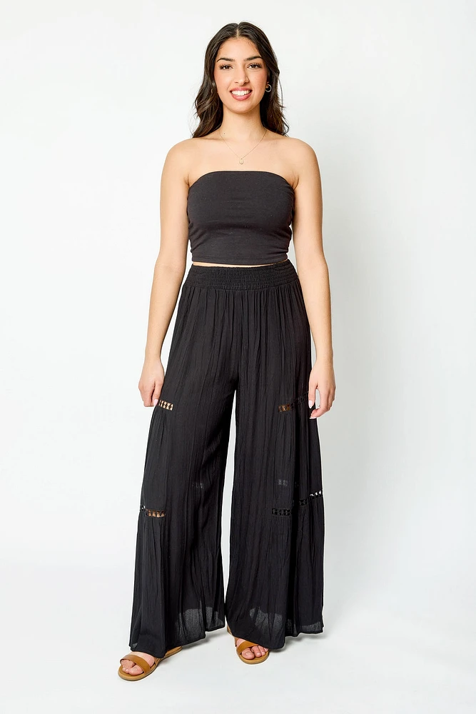 Crinkle Gauze Wide-Leg Pant with Crochet Trim