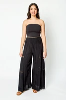 Crinkle Gauze Wide-Leg Pant with Crochet Trim