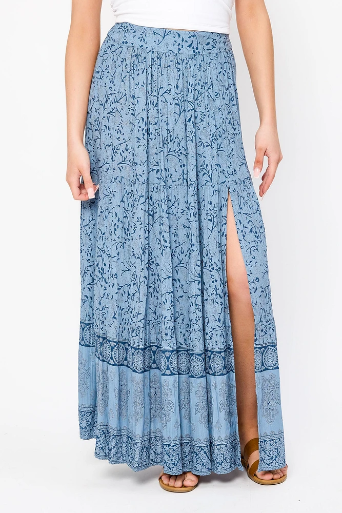 Tonal Floral Border Print Maxi Skirt