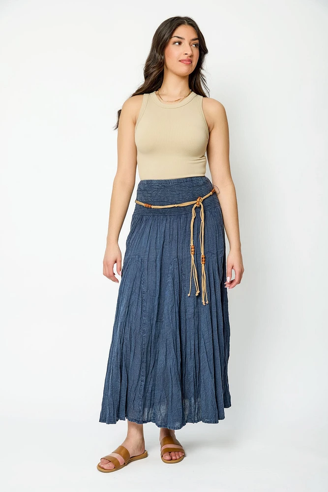 Acid Wash Cotton Voile Smocked Waist Maxi Skirt