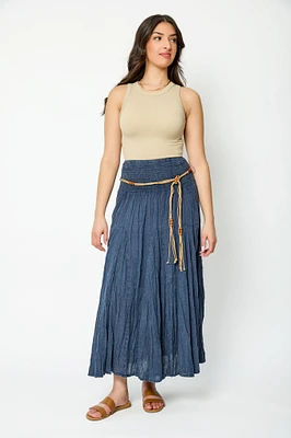Acid Wash Cotton Voile Smocked Waist Maxi Skirt