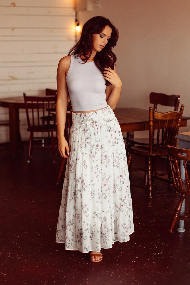 Floral Cross-Hatch Tiered Maxi Skirt