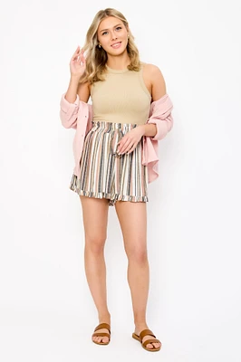 Stripe Shorts with Ruffle Hem & Tie Detail