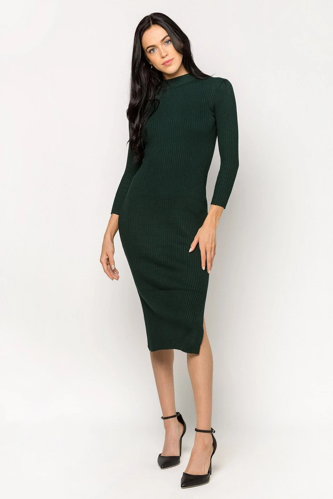 Mockneck Midi Dress with Slide Slits and 3/4 Sleeve