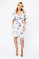 Floral Bell-Sleeve Knotted V-Neck Dress