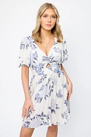 Floral Bell-Sleeve Knotted V-Neck Dress